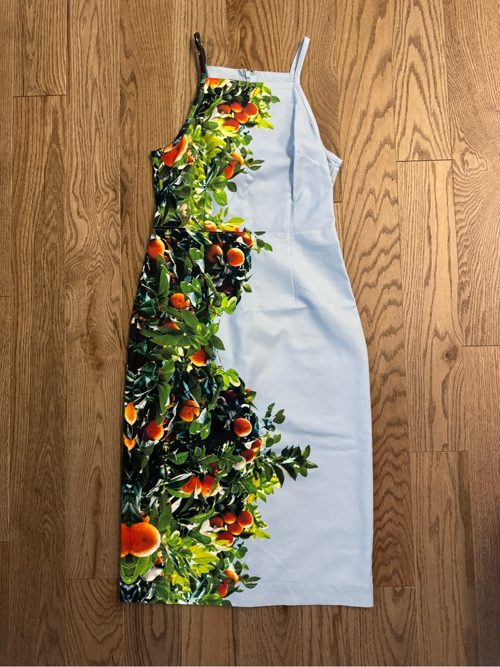 Maeve Sky Blue Midi Dress with Orange & Green Orchard Motif